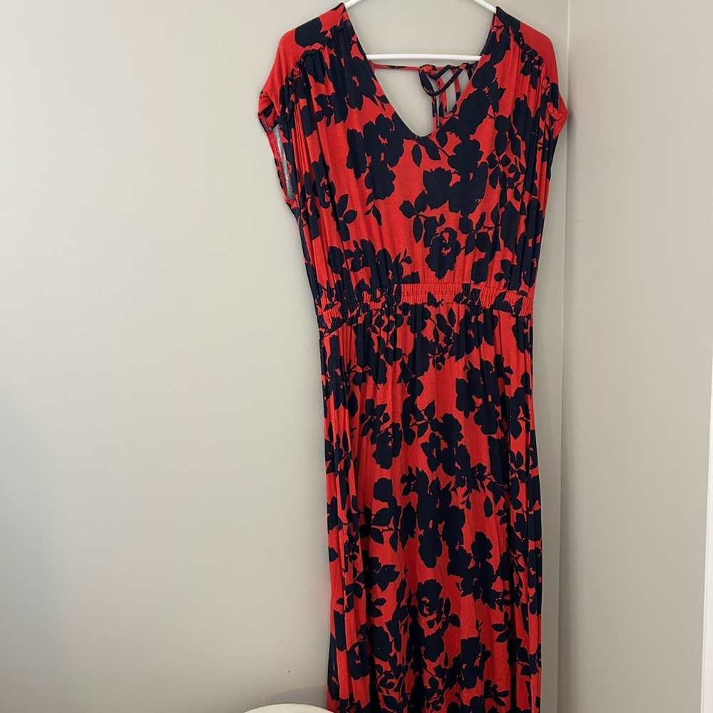 LOFT Red and Navy Floral Print Midi Dress
